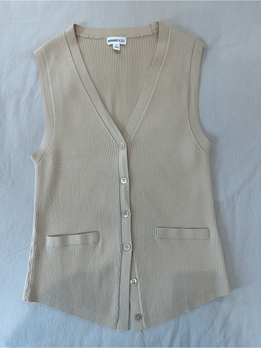 Minnie Rose Tan Ribbed Button-Front Sleeveless Cardigan Vest